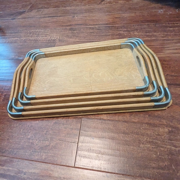 💘HOST PICK💘 VTG 50's MCM 4P Wooden W Metal Nesting Serving Trays - Picture 3 of 16